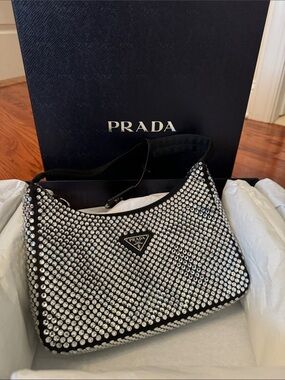 Prada Black Crystal-Studded Shoulder Bag with Nylon Strap